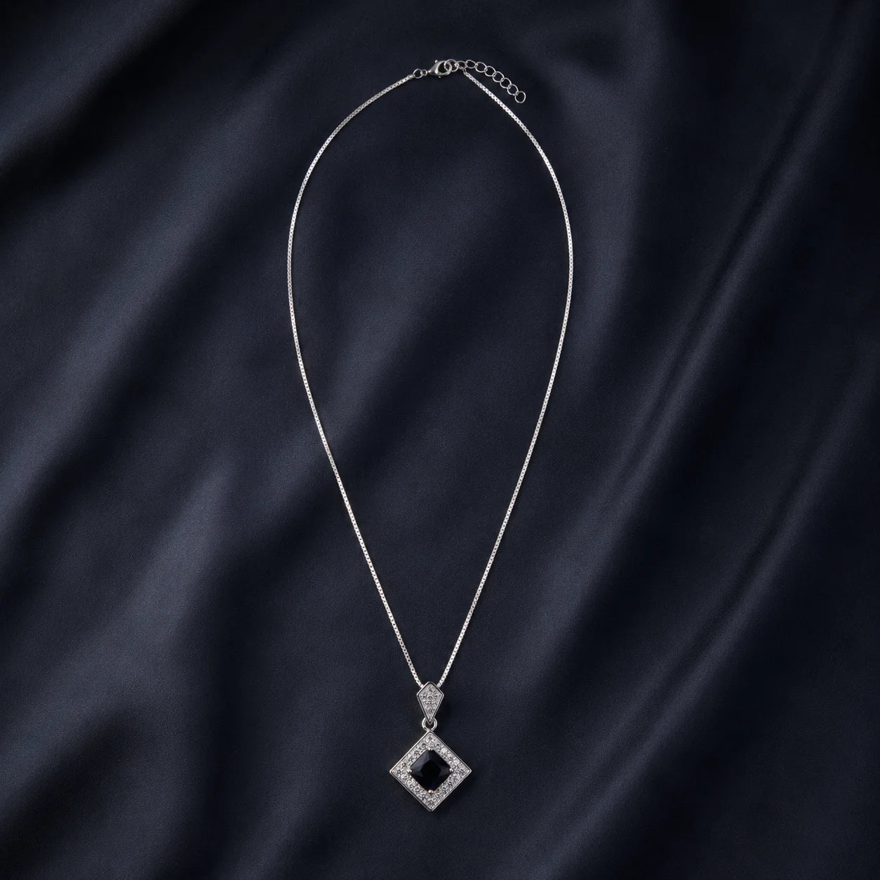 Silver necklace with black square crystal pendant full product view