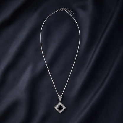 Silver necklace with black square crystal pendant full product view