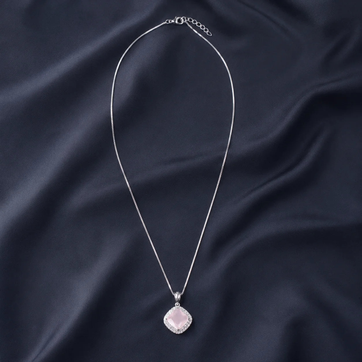 Silver necklace with pink square crystal pendant full product view