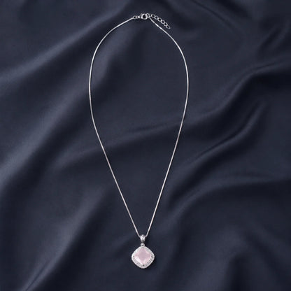 Silver necklace with pink square crystal pendant full product view